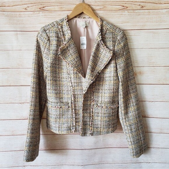 LOFT Frayed Edge Tweed Woven Lined Open Front Jacket with Pockets Women's Size 4 - Picture 4 of 10